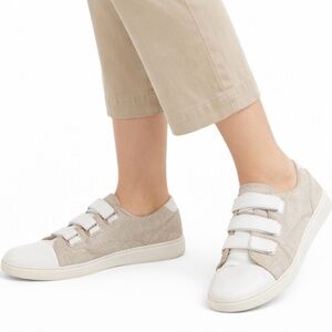 Michael Kors Designer Strap Sneakers Beige Canvas White Leather MK Casual Shoes